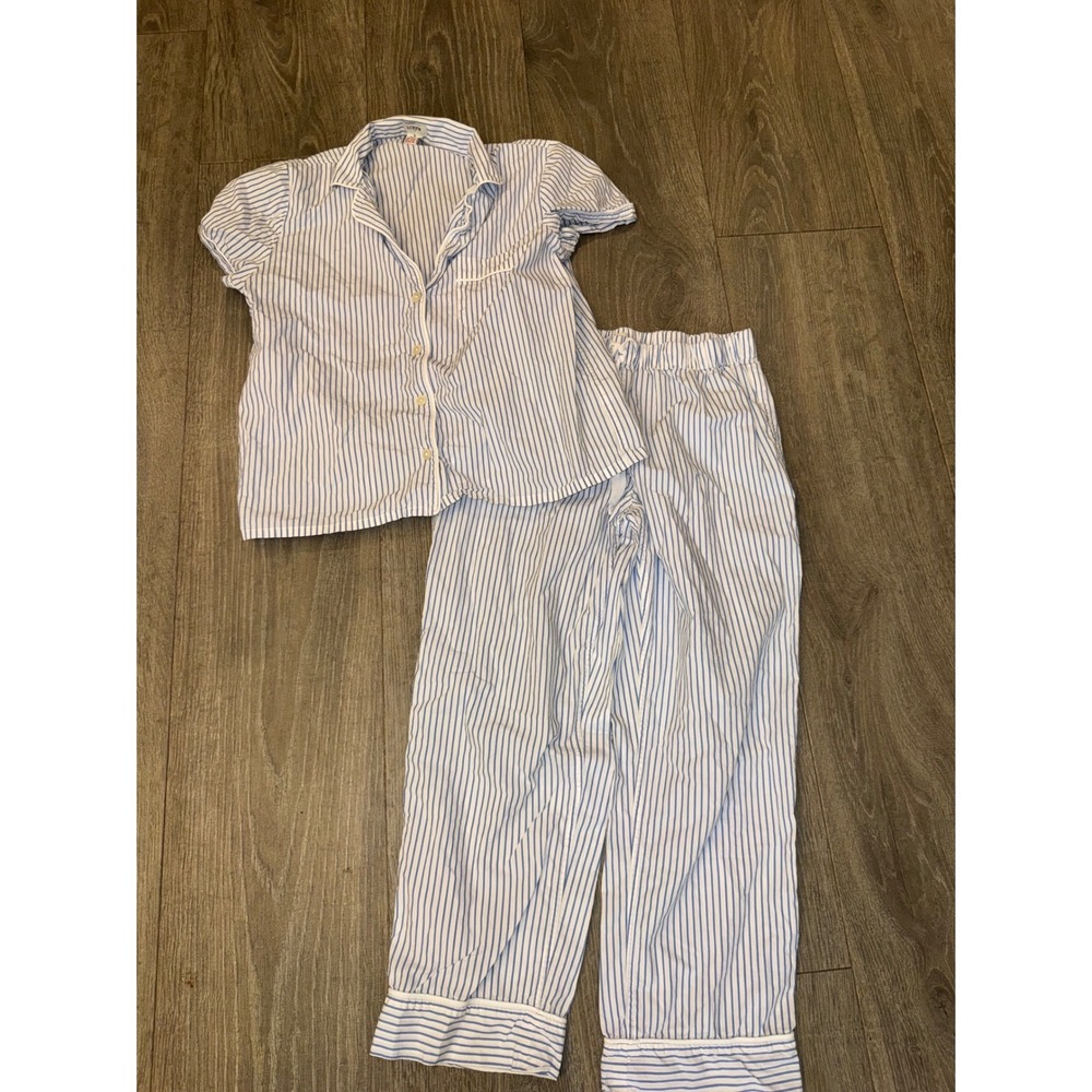 J.Crew Womens Blue White Striped Pajama Set Short Sleeve Top Pants M Cotton